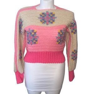 Granny Crochet Handmade Floral Stripe Pink White Fitted Crop No Size Med